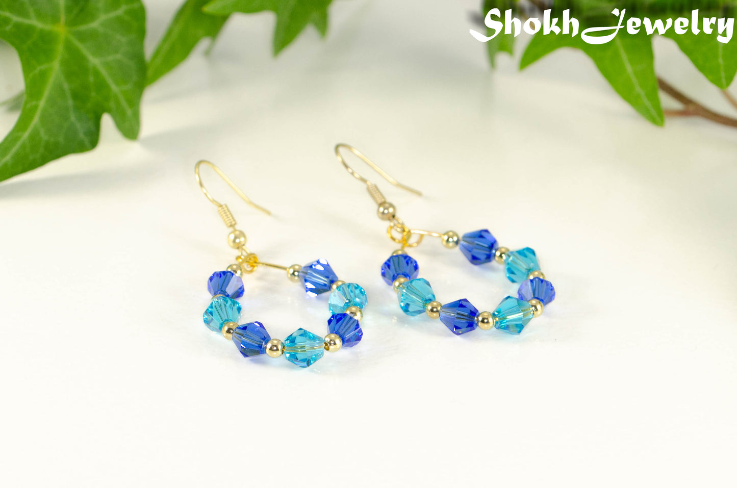 Blue Glass Crystal Hoop Earrings.