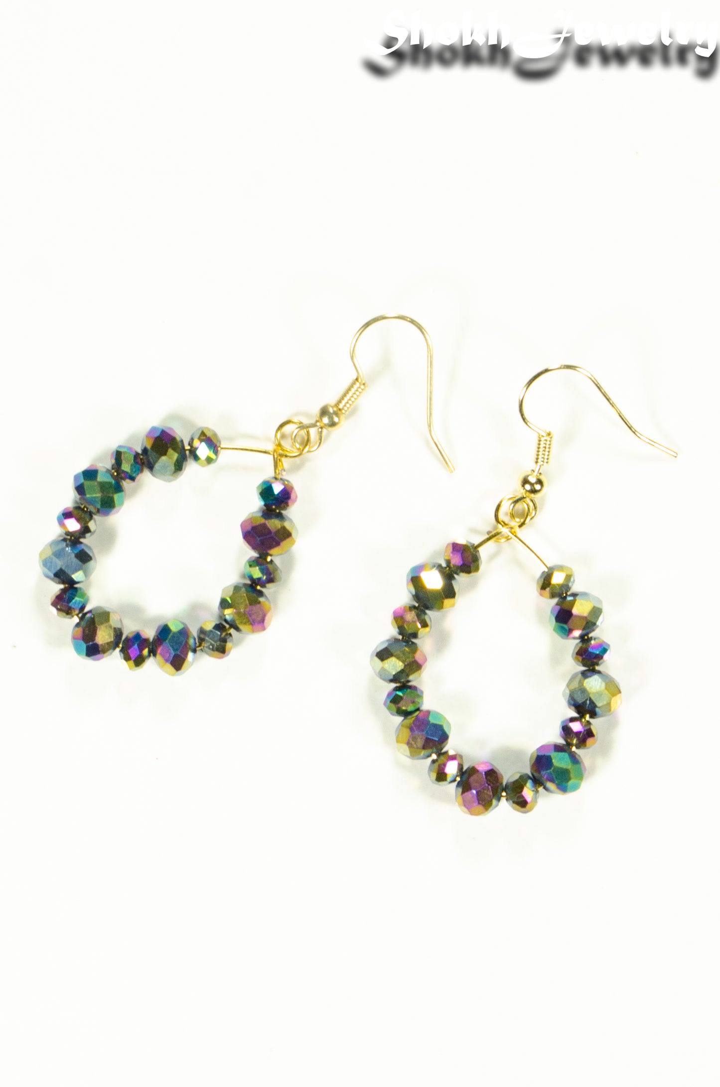 Top view of Sparkly Rainbow Glass Crystal Hoop Earrings.