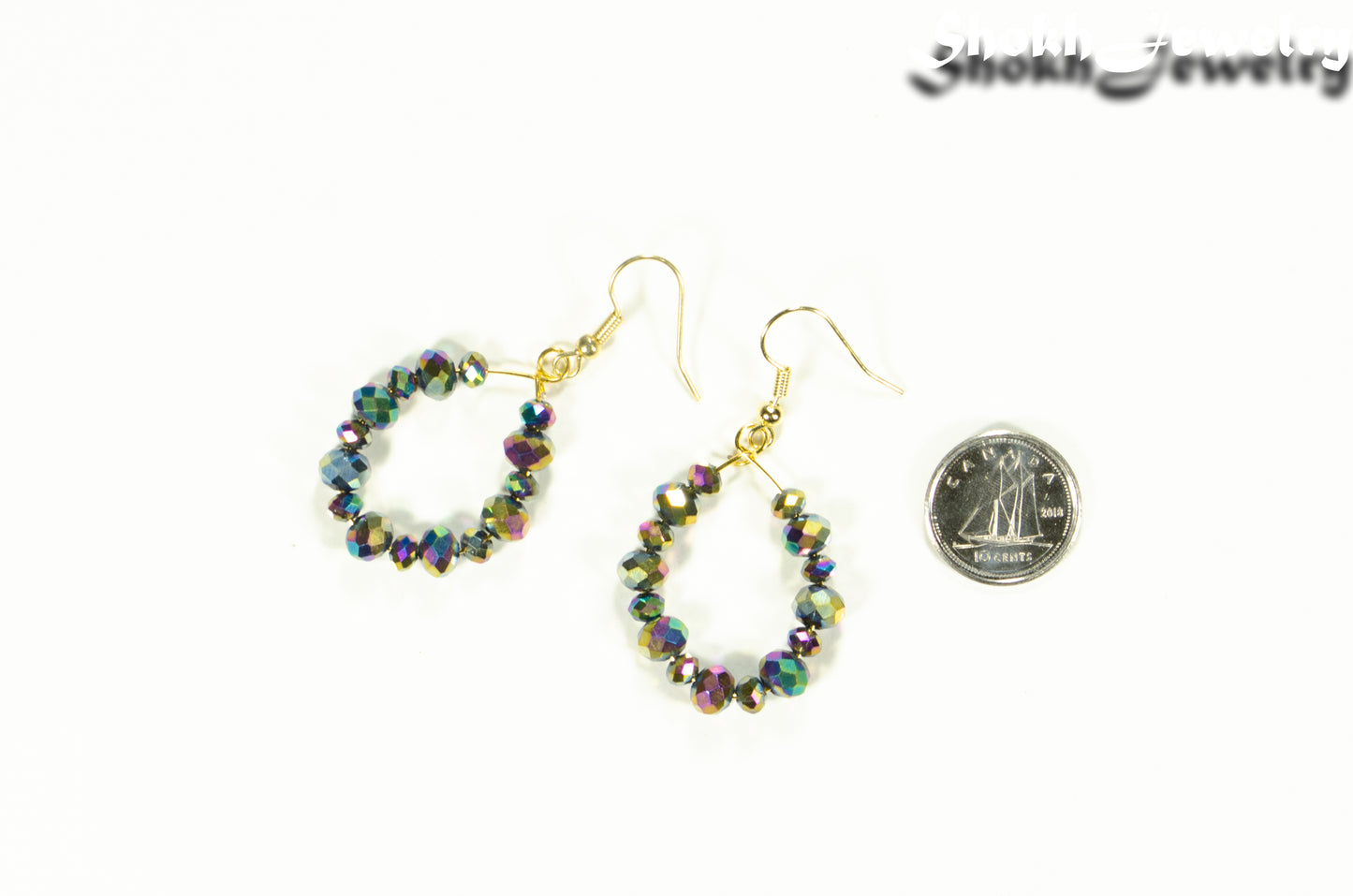 Sparkly Rainbow Glass Crystal Hoop Earrings beside a dime.