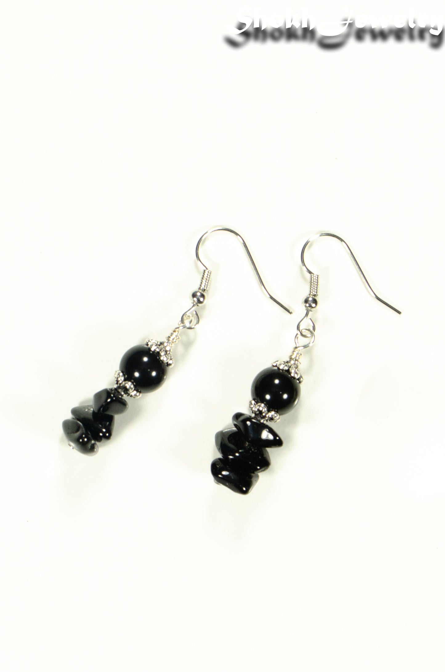 Top view of Simple Black Obsidian Crystal Chip Earrings.