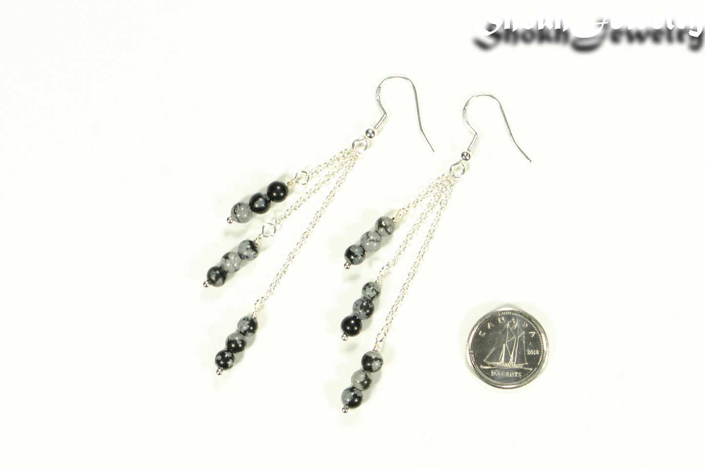 Silver Plated Chain and Snowflake Obsidian Stone Earrings beside a dime.