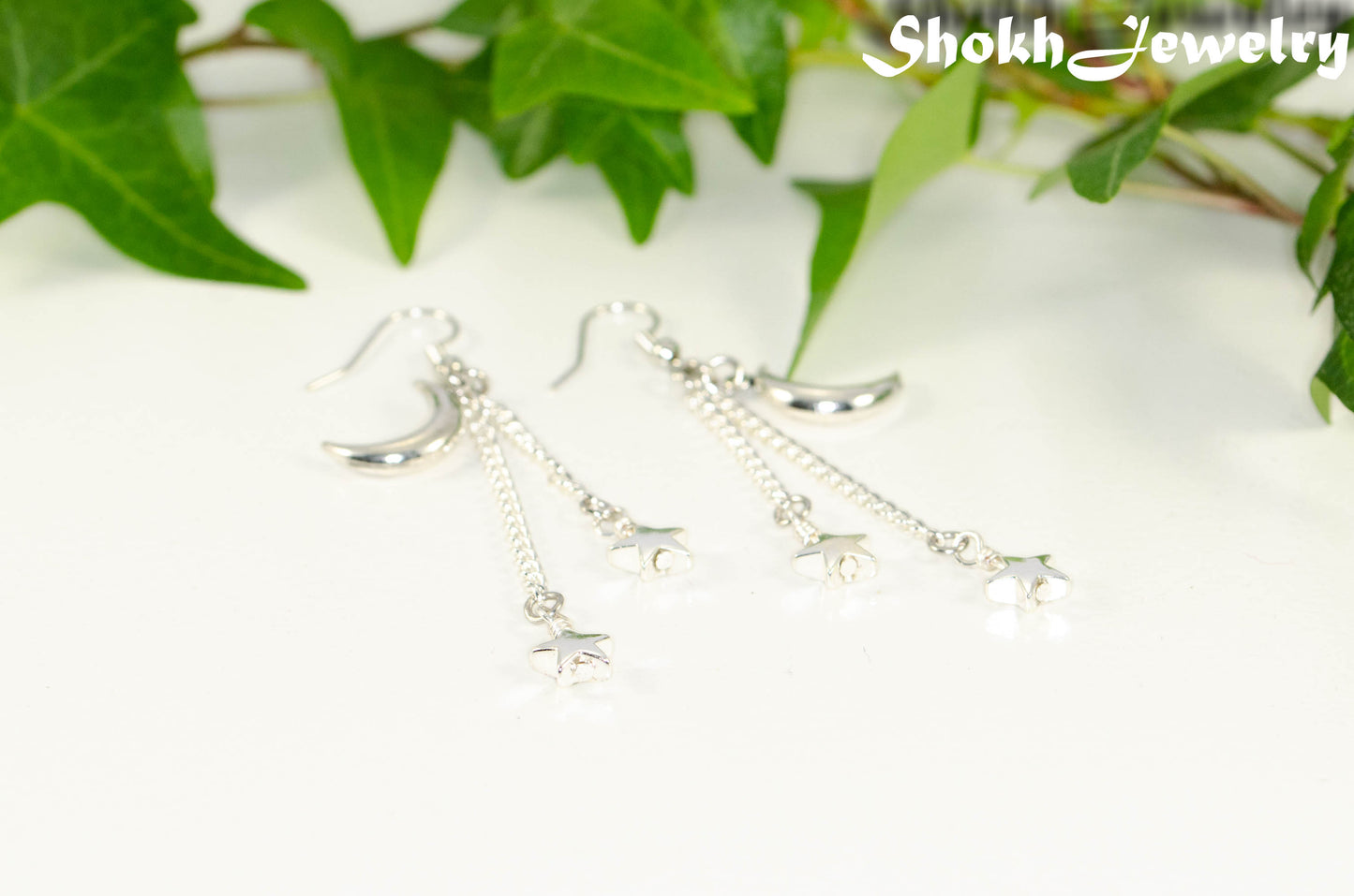 Long Crescent Moon and Hematite Star Earrings.