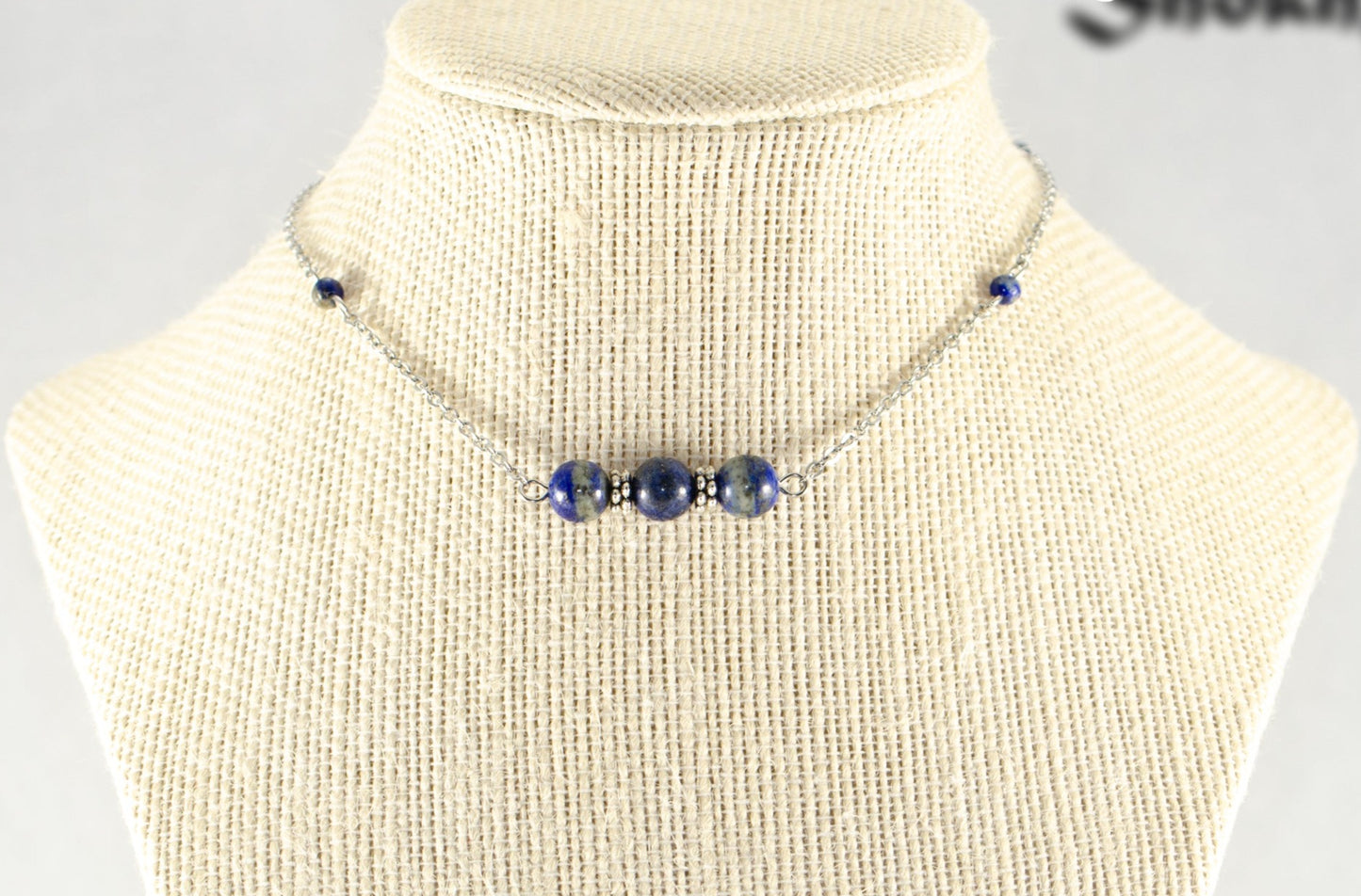 Natural Lapis Lazuli and Chain Choker Necklace displayed on a bust.