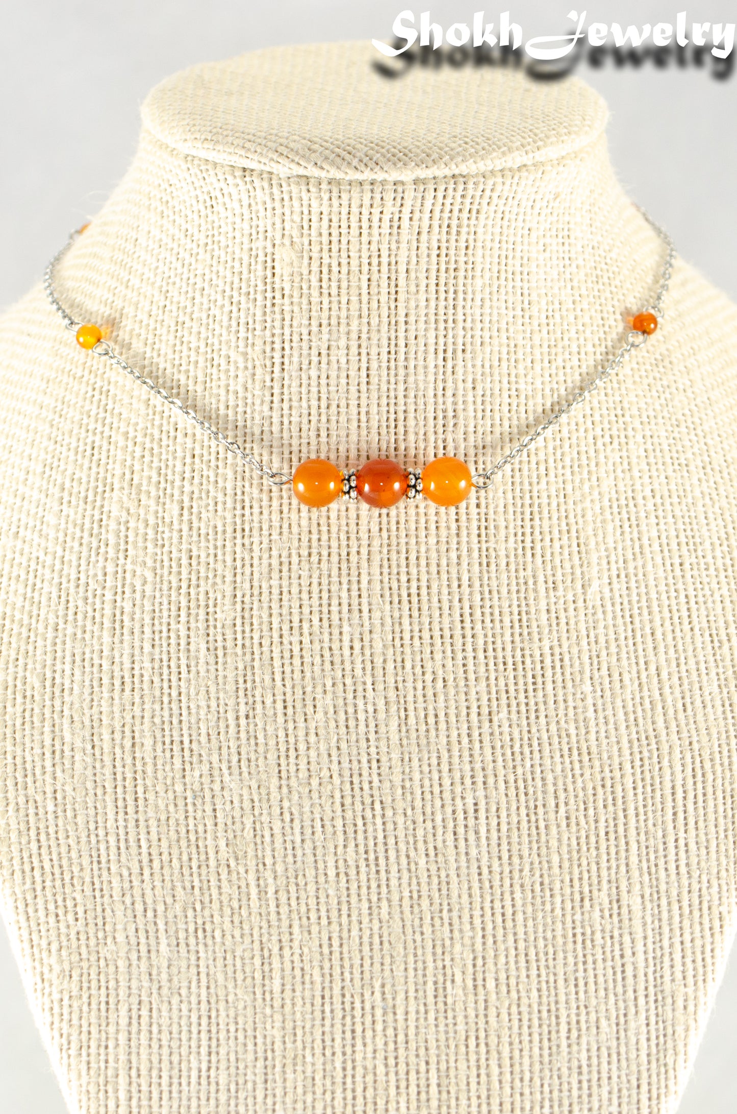 Close up of Natural Carnelian and Chain Choker Necklace.