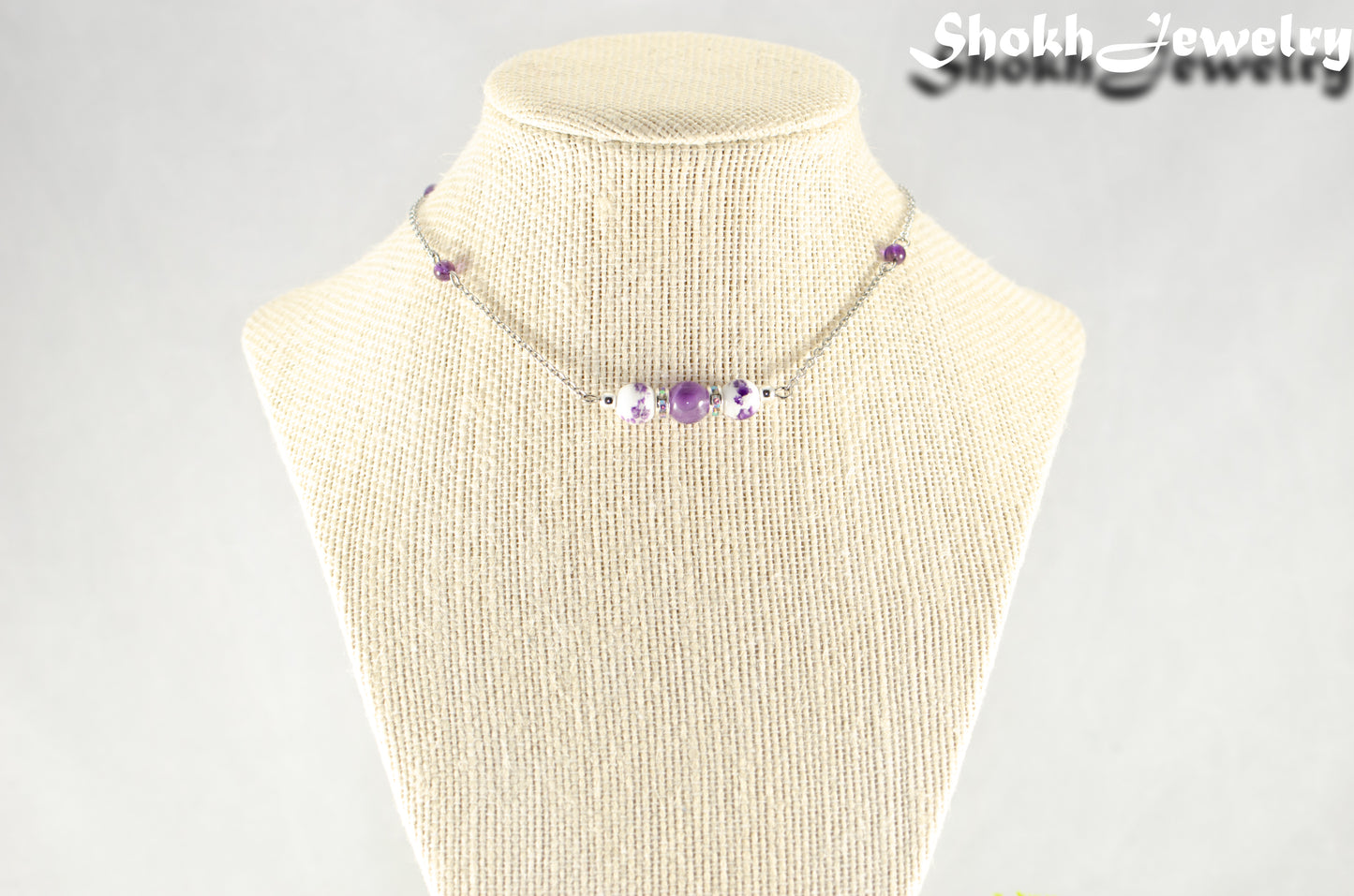 Natural Amethyst and Floral Ceramic Beads Choker Necklace