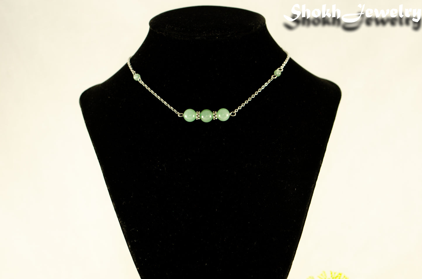 Natural Green Aventurine and Chain Choker Necklace displayed on a bust.