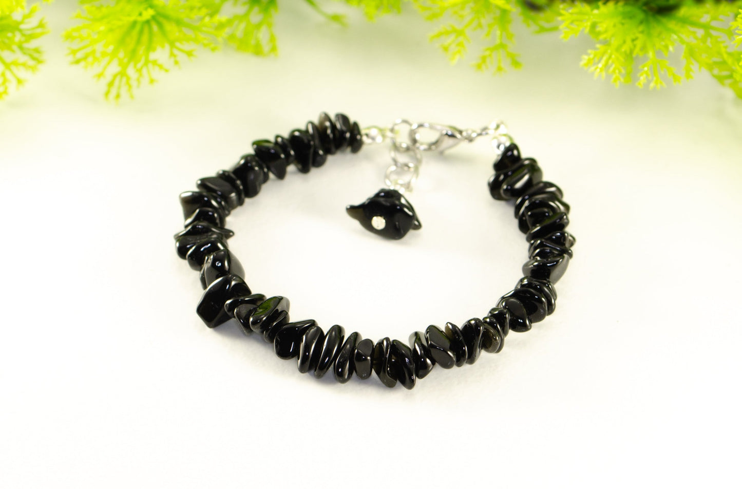 Natural Black Obsidian Crystal Chip Bracelet with clasp.