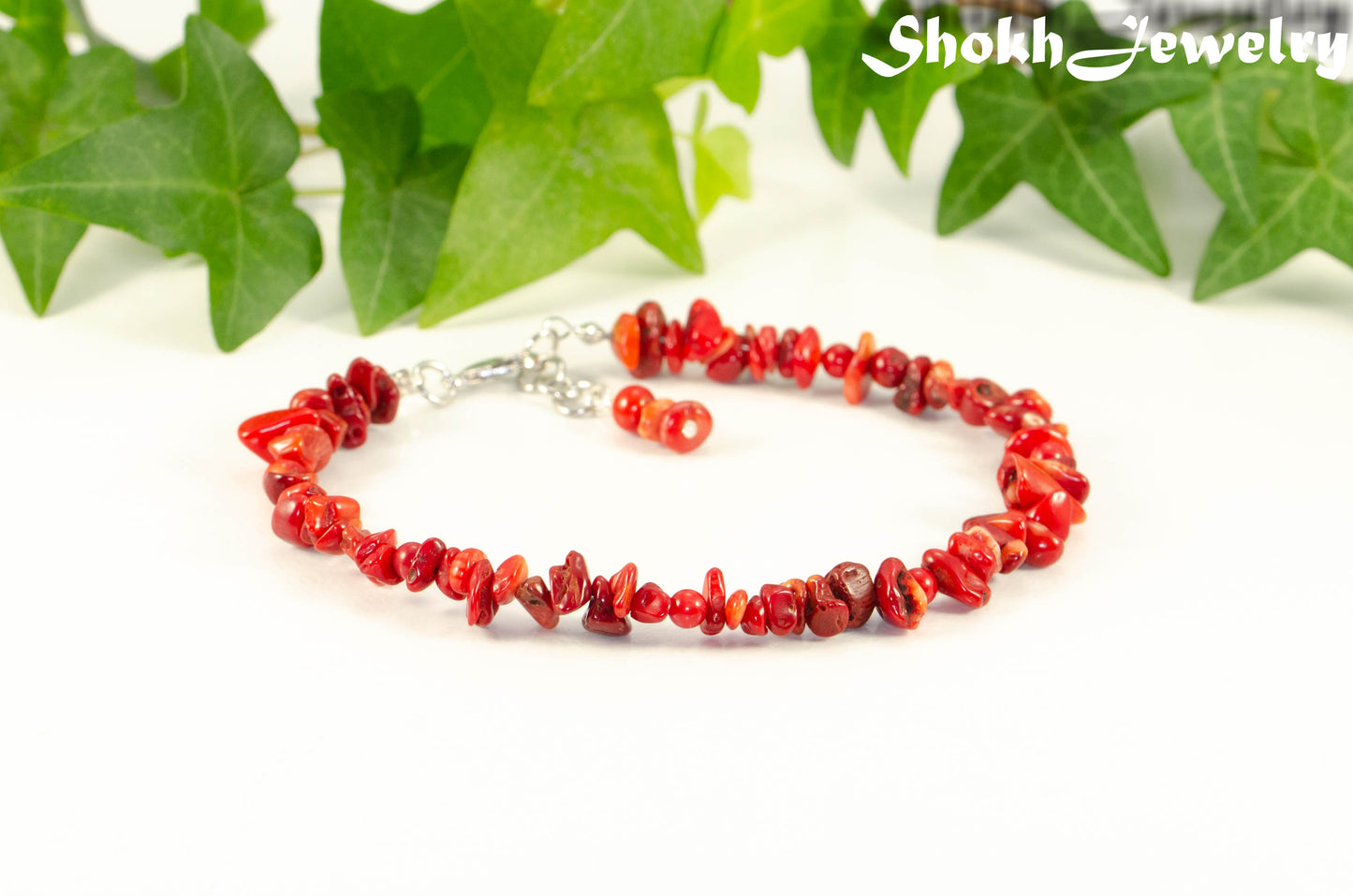 Natural Red Coral Chip Anklet.