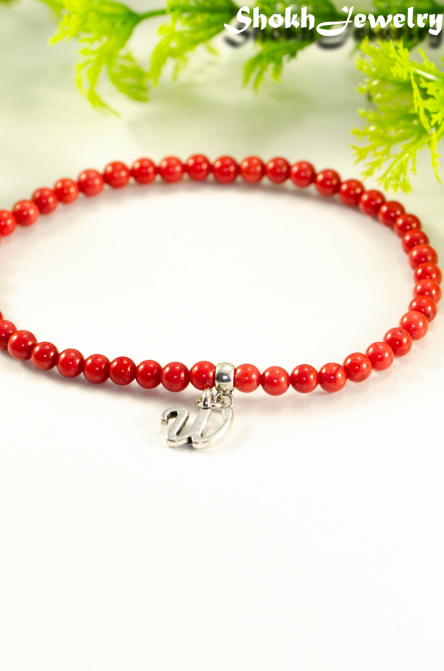 4mm Red Coral Bracelet with Initial