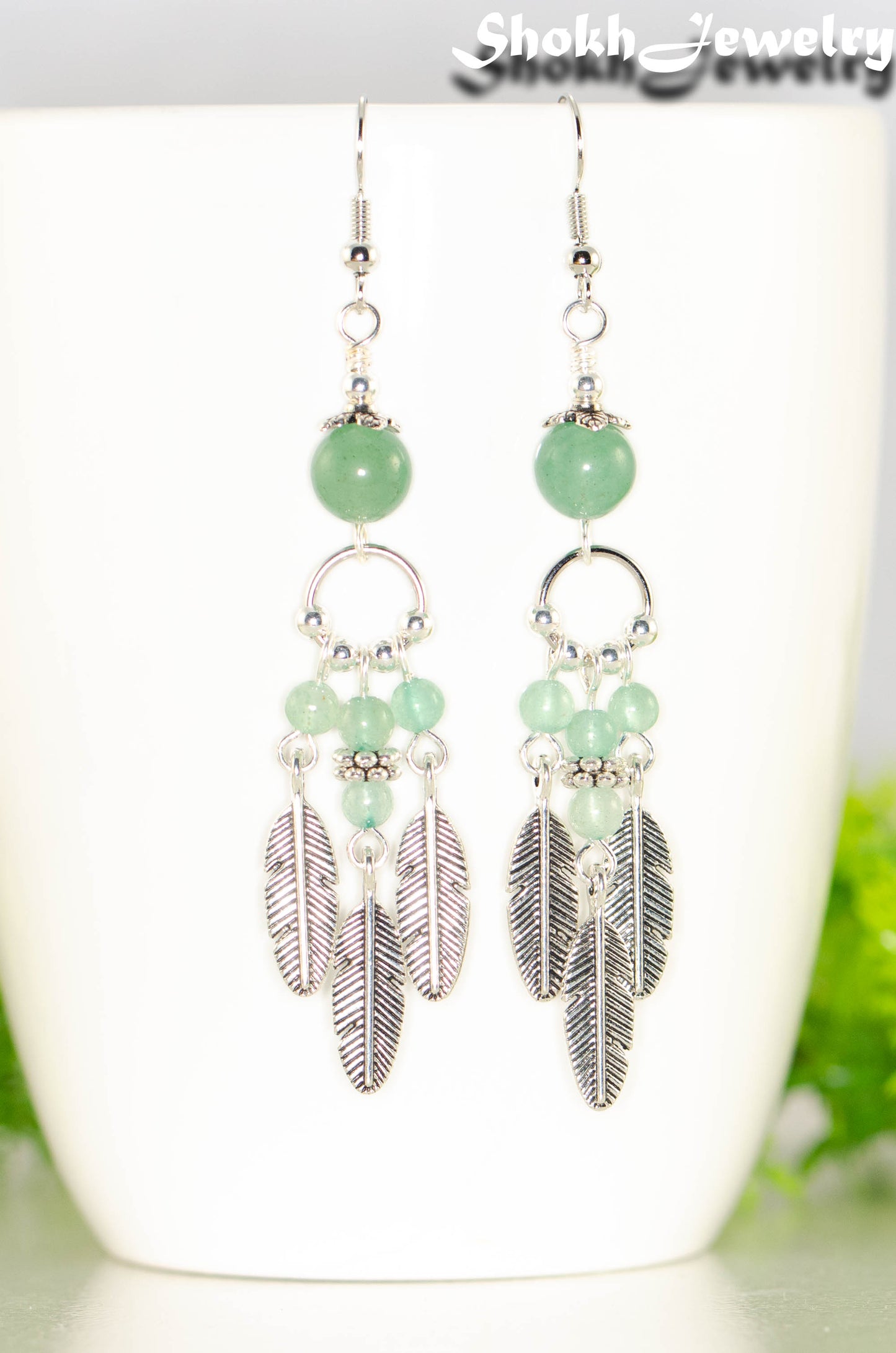 Statement Green Aventurine Crystal And Feather Earrings
