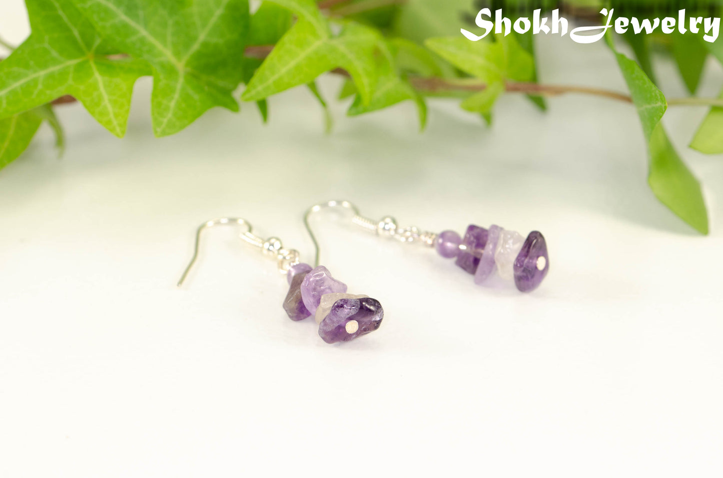 Simple Amethyst Crystal Chip Earrings.