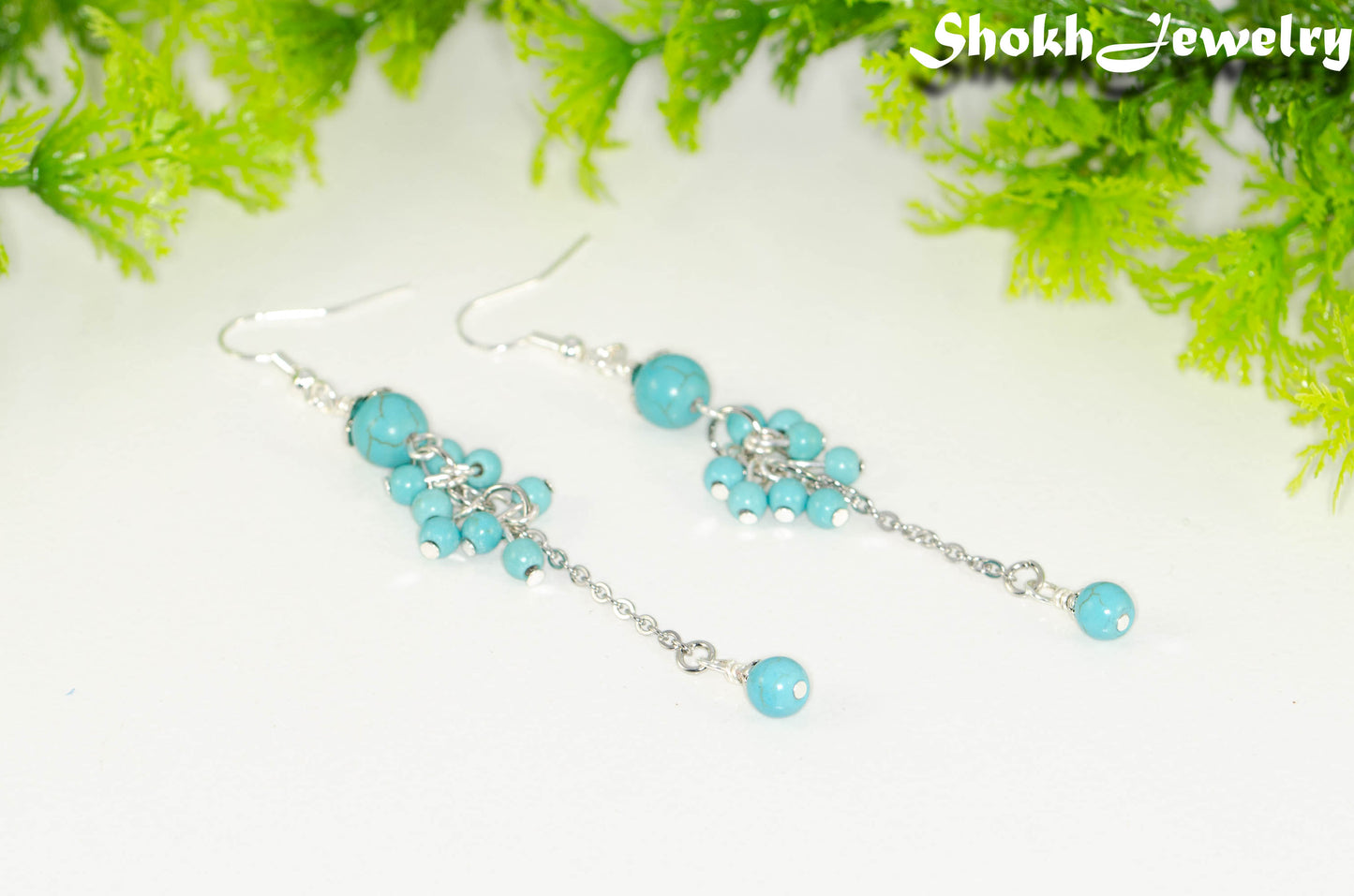 Long Stainless Steel Chain and Turquoise Howlite Earrings.