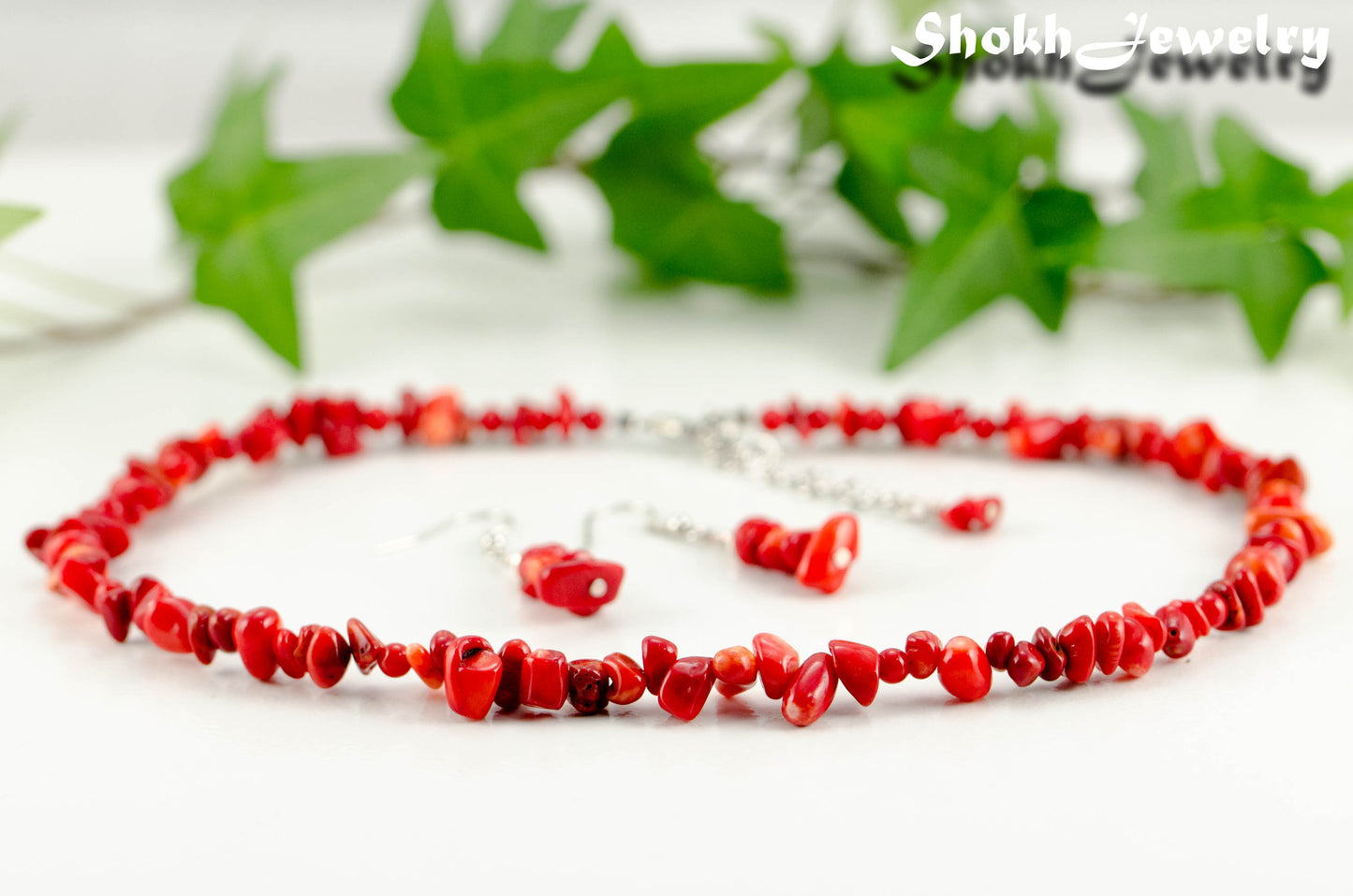 Natural Red Coral Chip Choker Necklace and Earrings Set