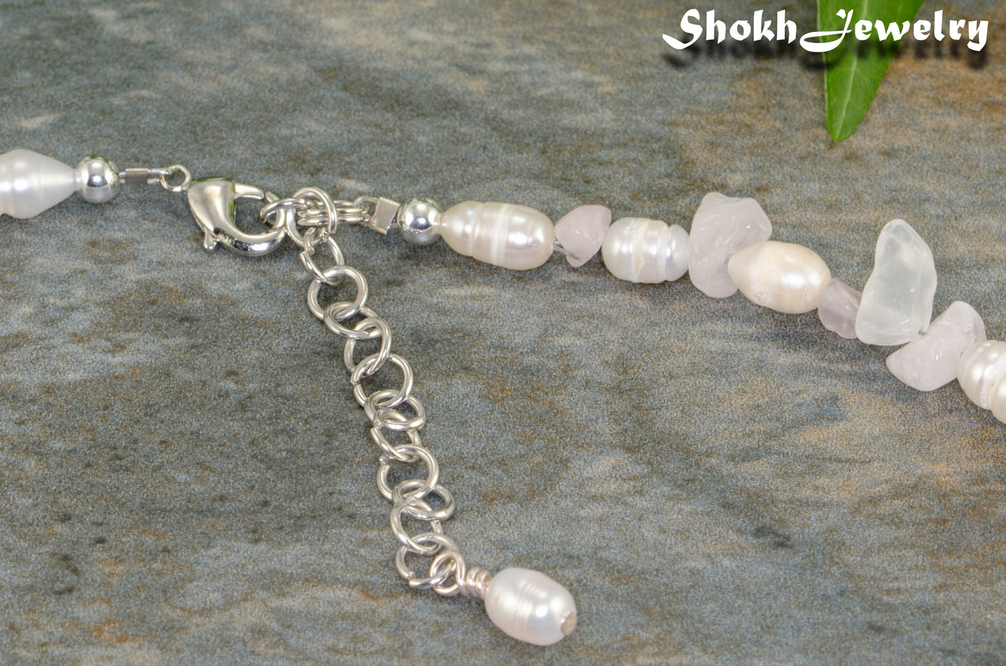 Close up of Natural Rose Quartz Chip and Pearl Choker Necklace