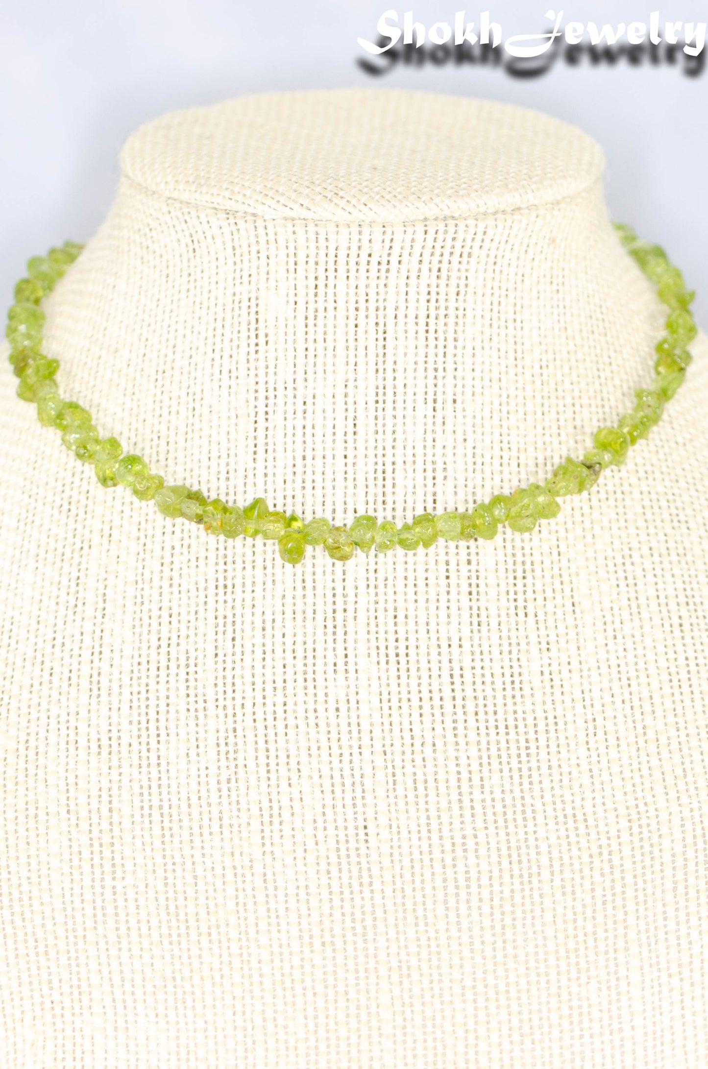 Close up of Natural Peridot Crystal Chip Choker Necklace