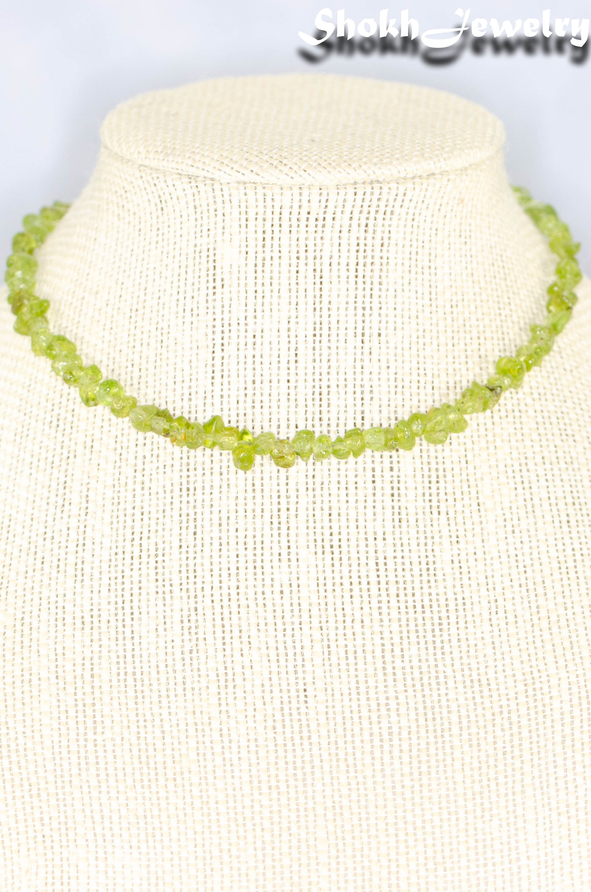 Close up of Natural Peridot Crystal Chip Choker Necklace