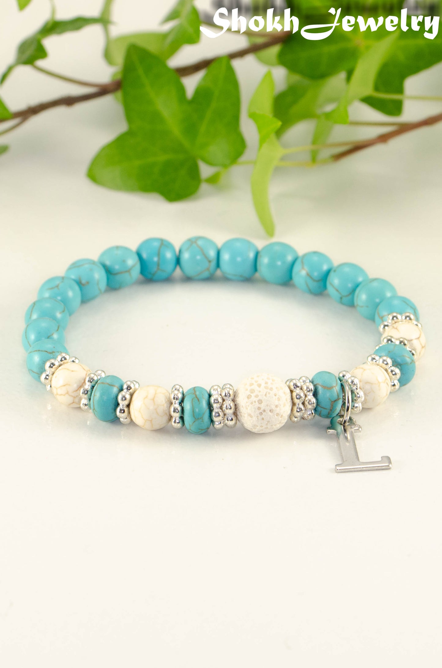 Turquoise Howlite and Lava Stone Bracelet with Initial.