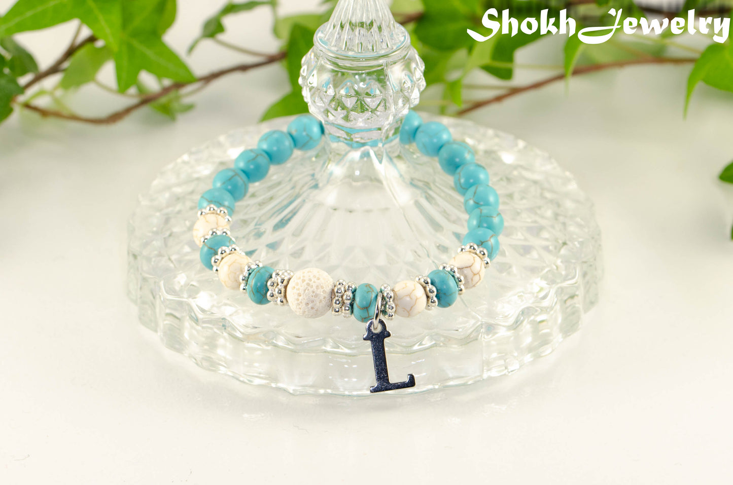 Turquoise Howlite and Lava Stone Bracelet with Initial.