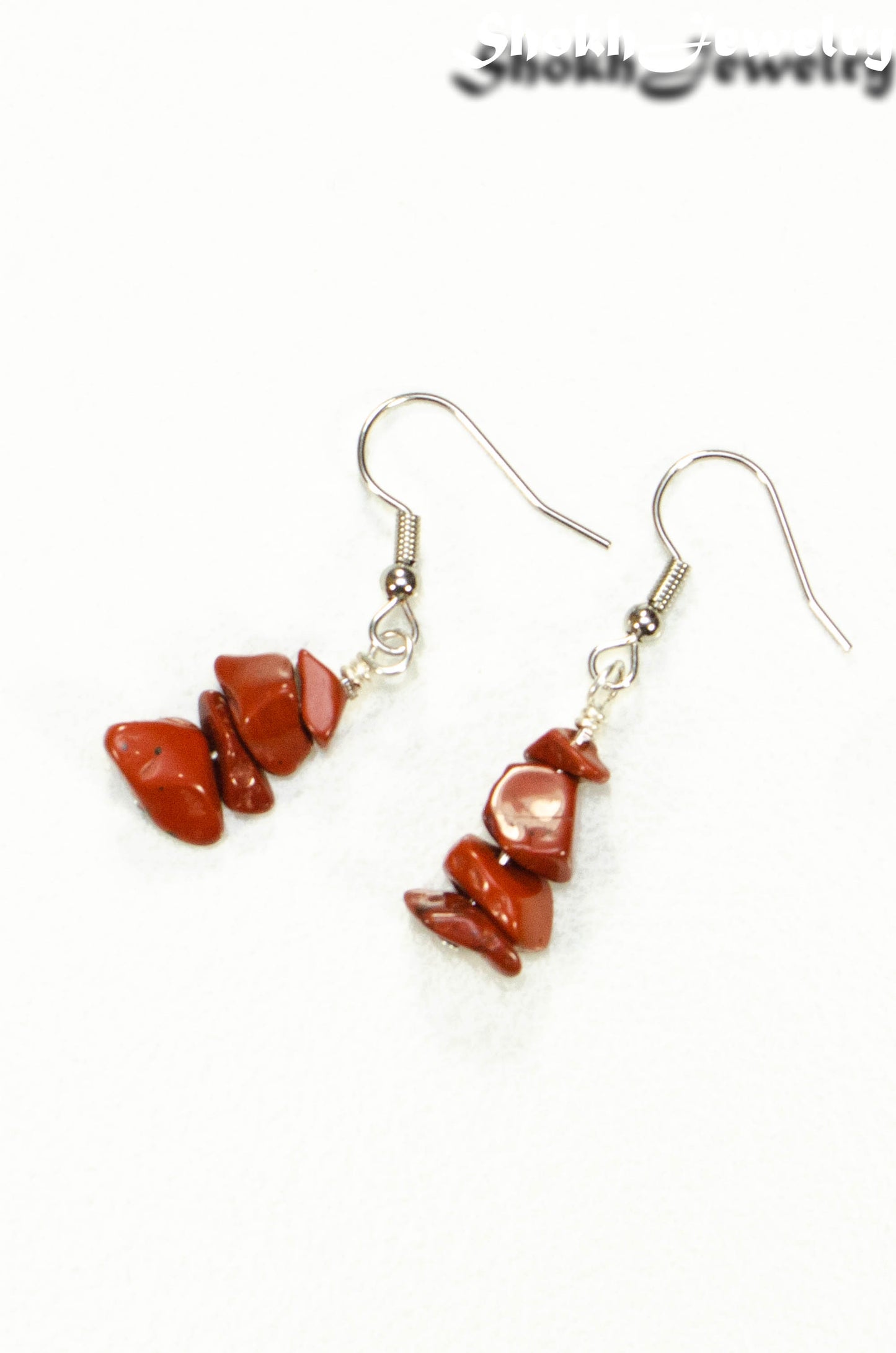 Top view of Simple Red Jasper Crystal Chip Earrings.