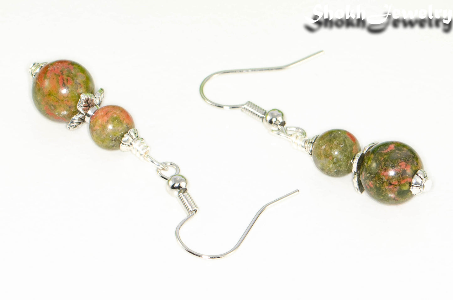 Close up of Small Unakite Jasper Earrings