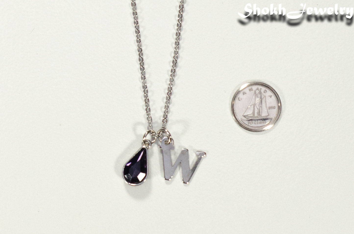 Personalized February Birthstone pendant beside a dime