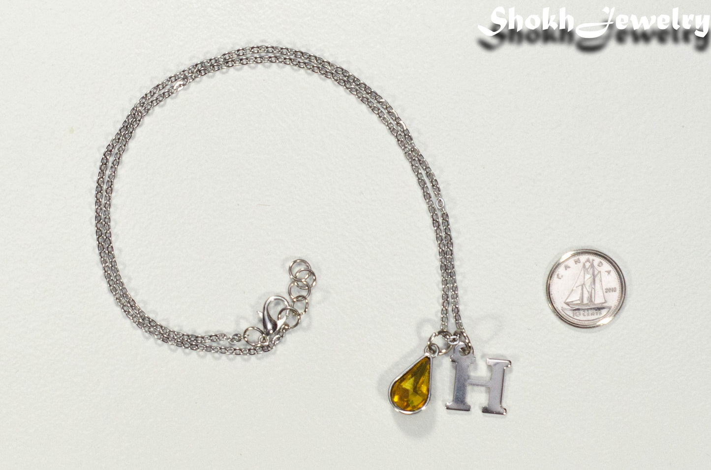 Personalized November Birthstone Choker Necklace beside a dime