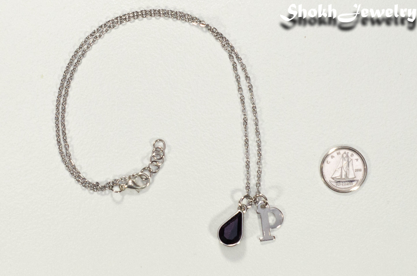 Personalized February Birthstone Choker Necklace beside a dime