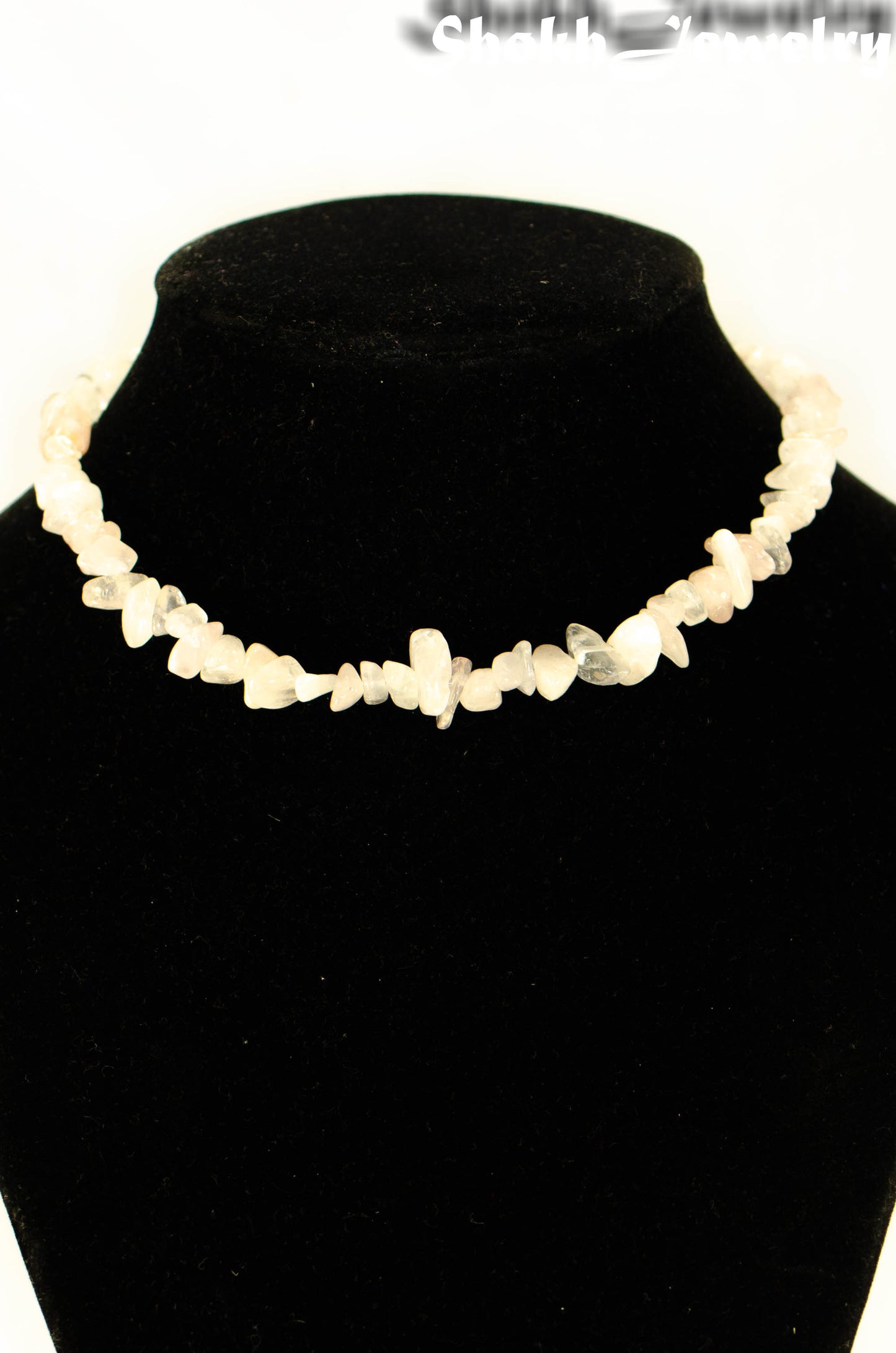 Natural Rose Quartz Crystal Chip Choker Necklace on a bust
