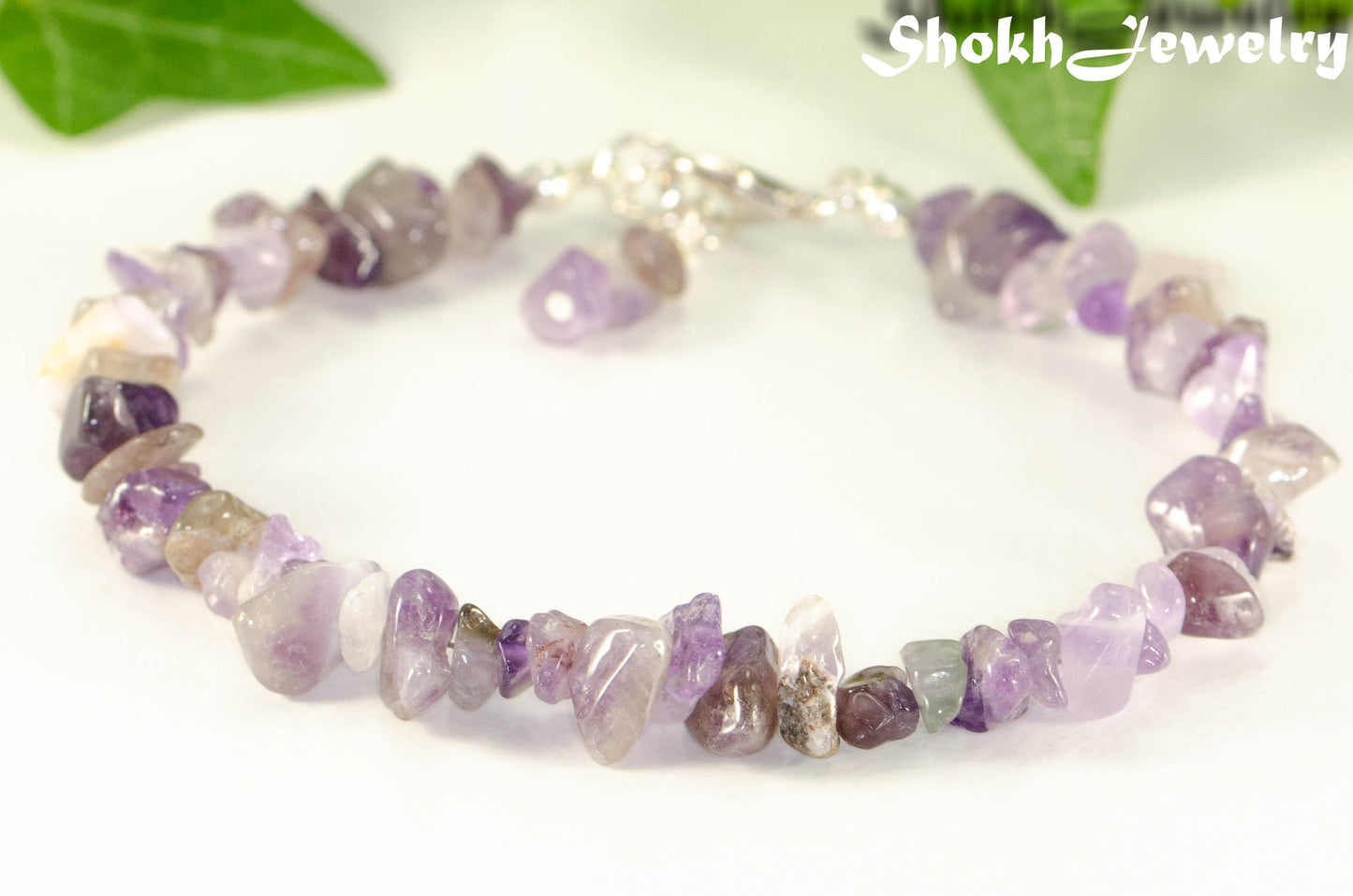 Close up of Natural Amethyst Crystal Chip Bracelet