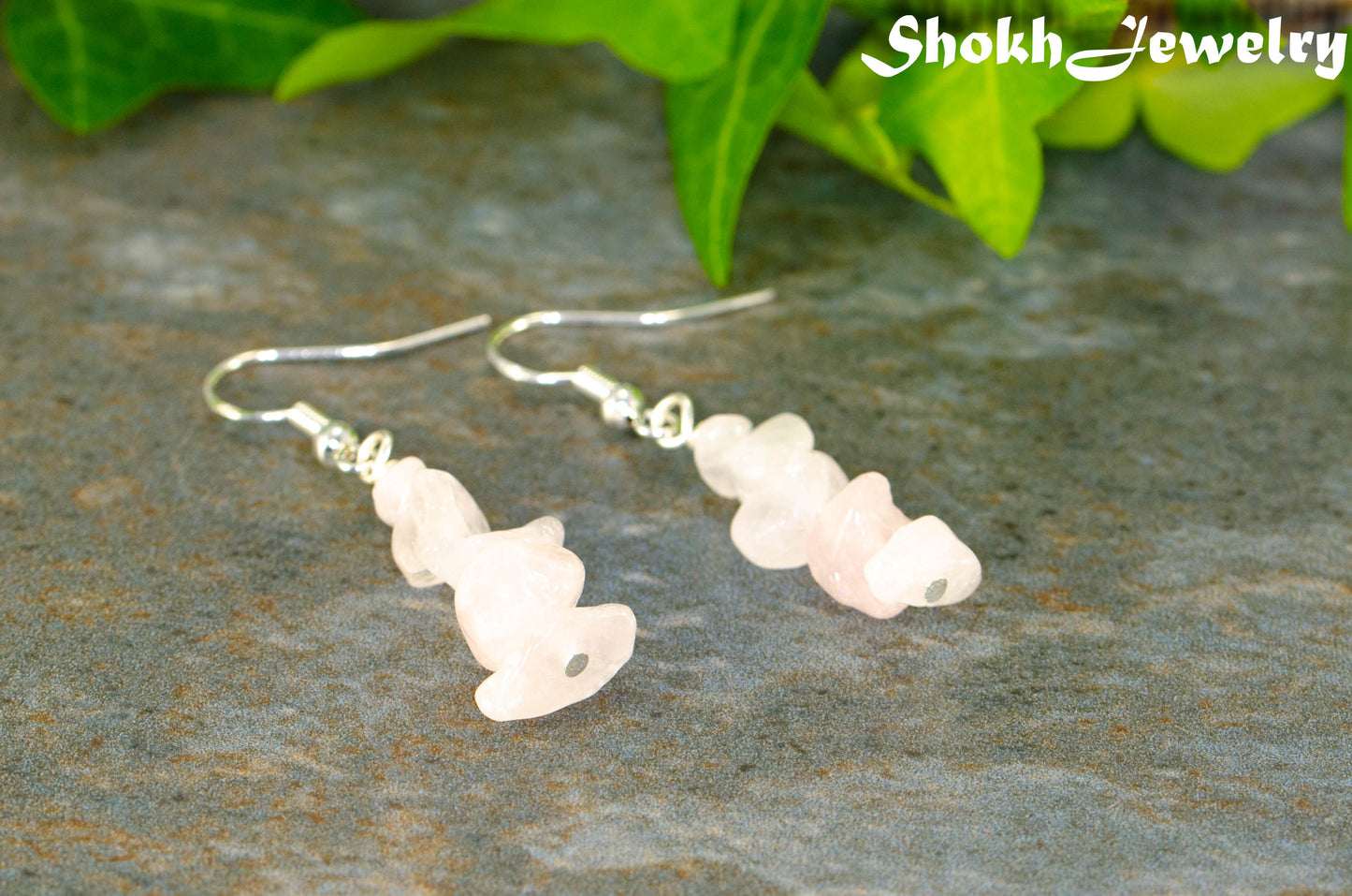 Simple Rose Quartz Crystal Chip Earrings.