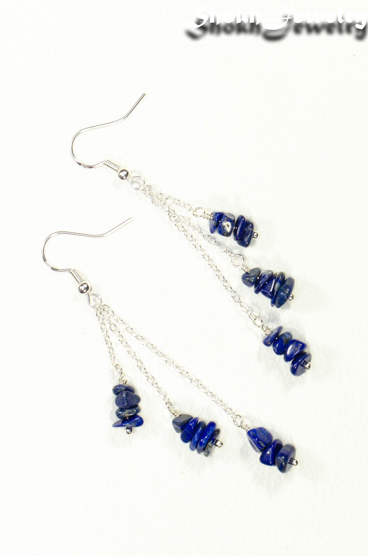 Long Silver Plated Chain and Lapis Lazuli Chip Earrings
