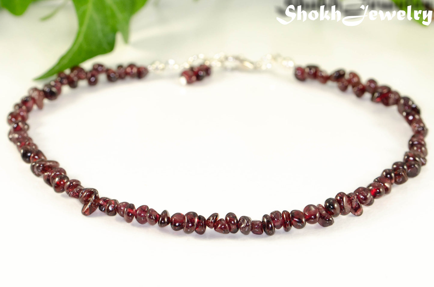 Close up of Natural Garnet Crystal Chip Anklet