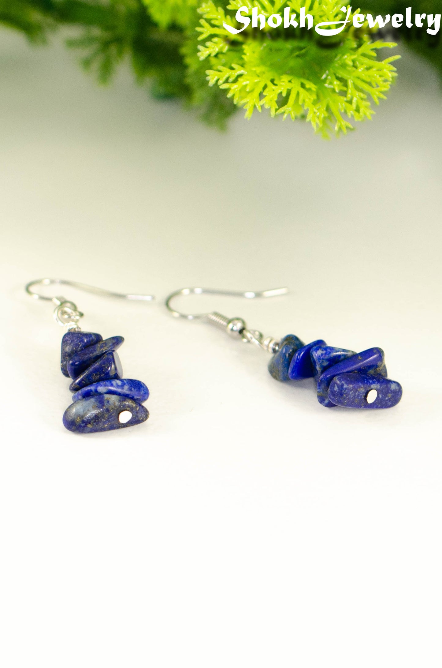 Close up of Simple Lapis Lazuli Crystal Chip Earrings.