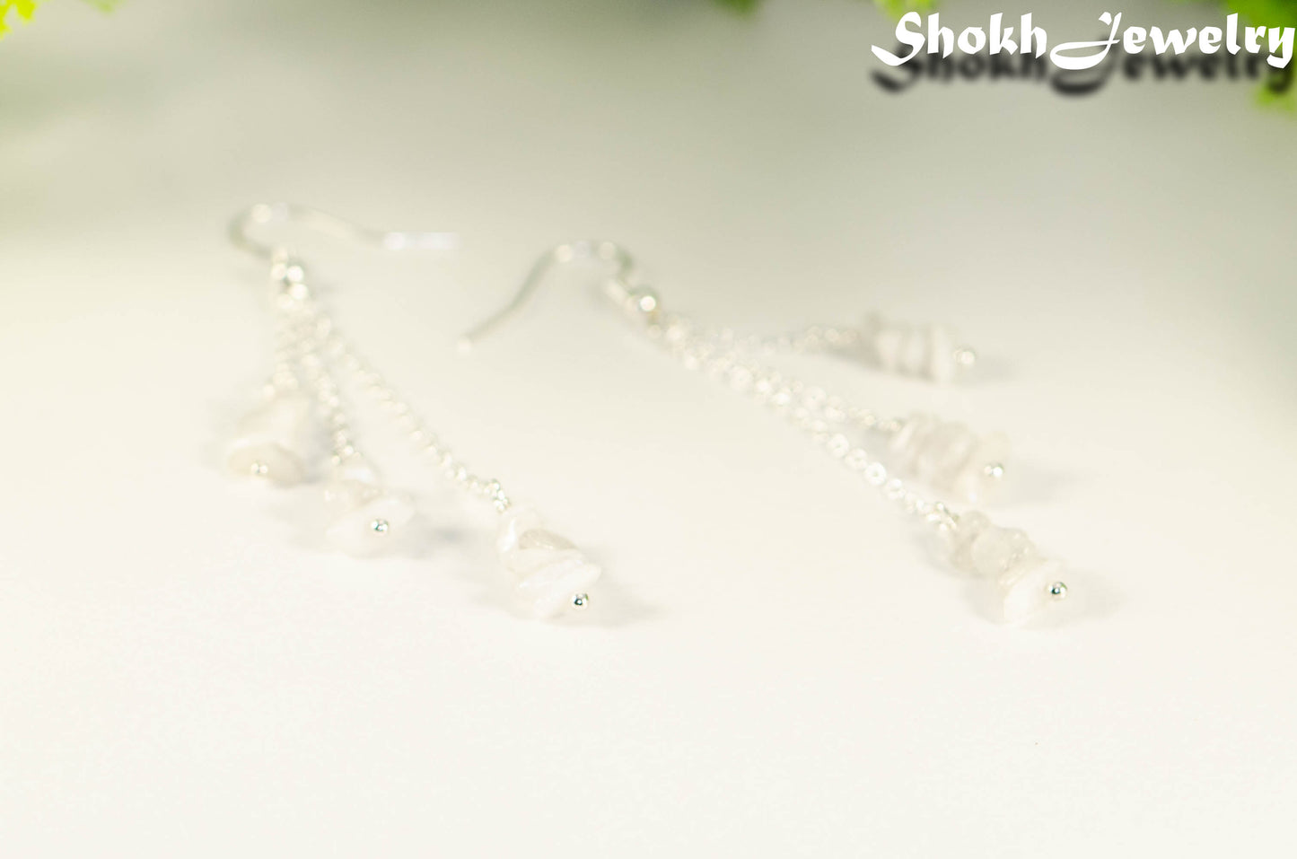 Long Silver Plated Chain and Moonstone Chip Earrings