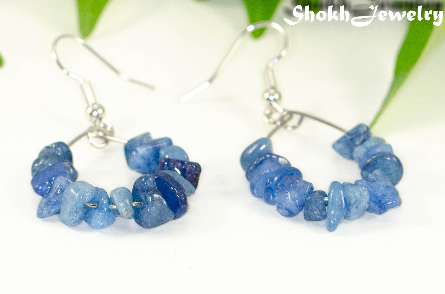 Close up of Natural Blue Quartzite Crystal Chip Earrings