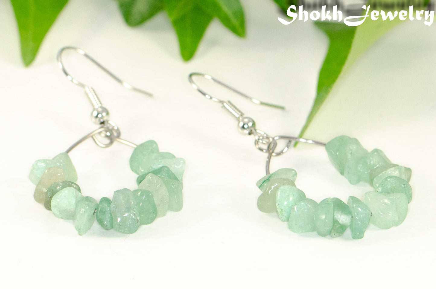 Close up of Natural Green Aventurine Crystal Chip Earrings