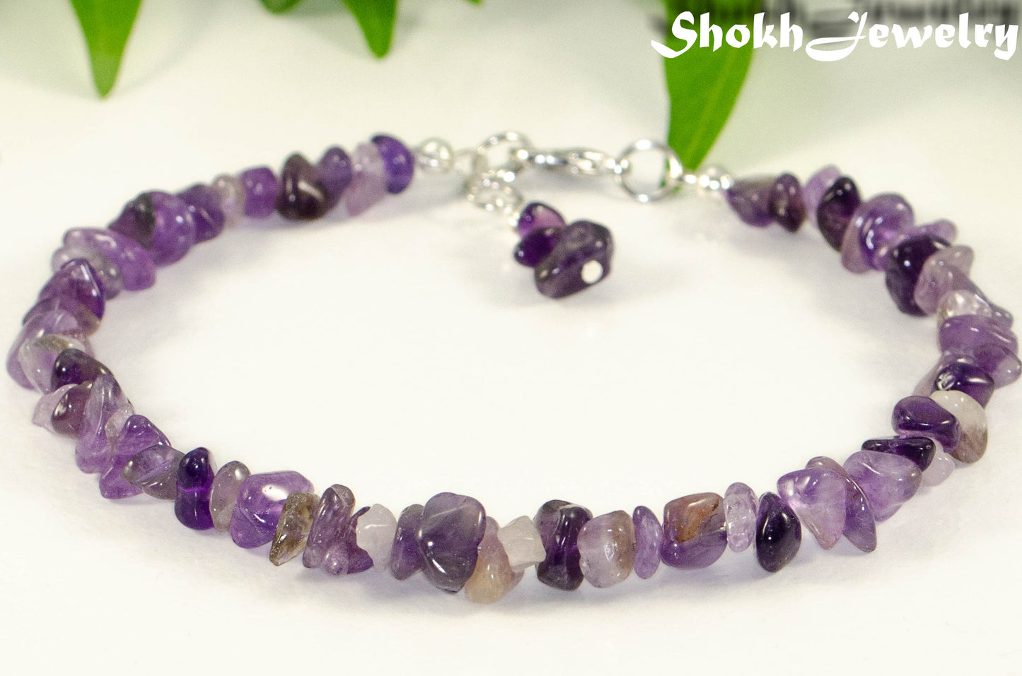 Close up of Natural Amethyst Crystal Chip Anklet