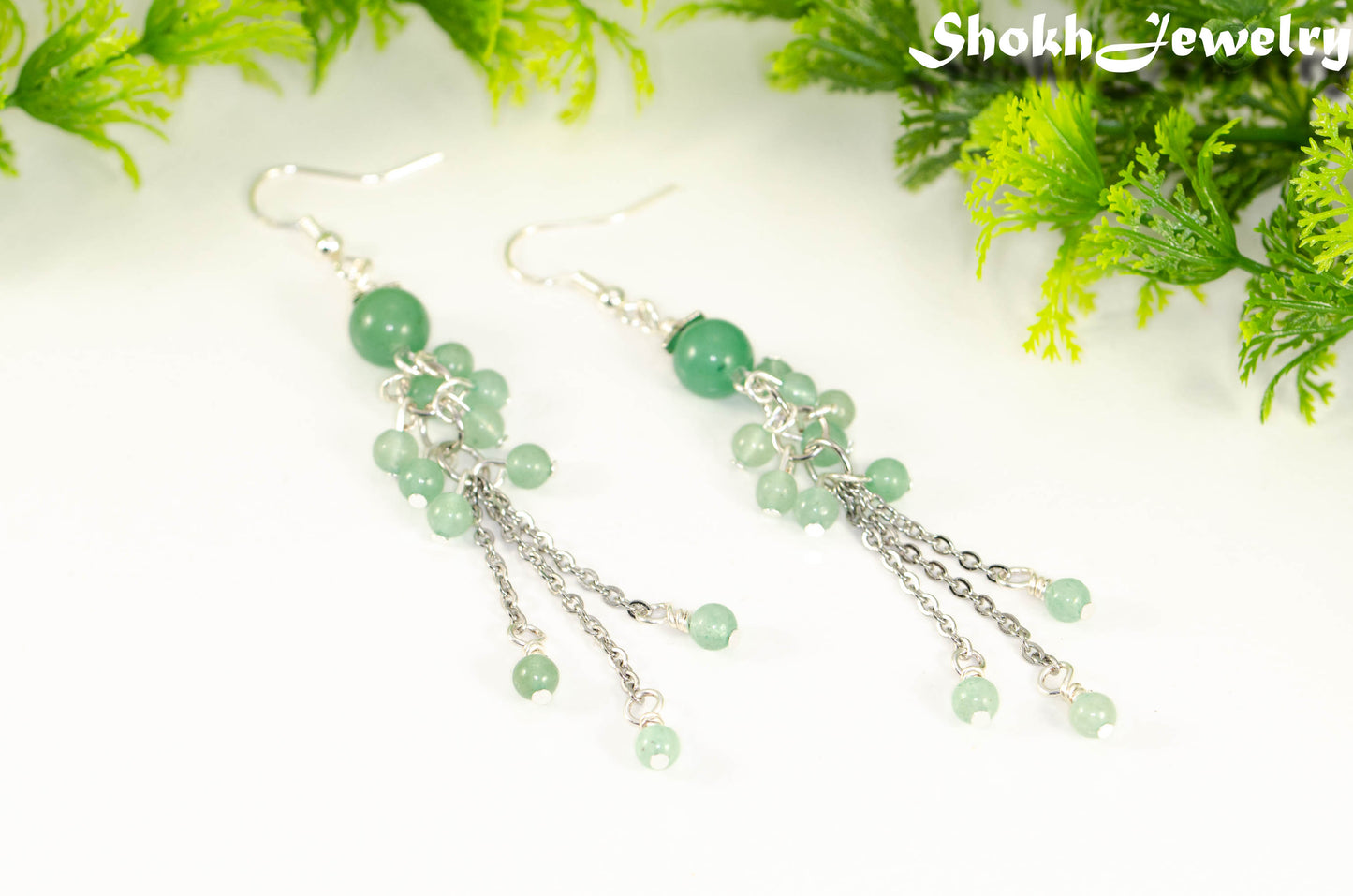 Close up of Long Stainless Steel Chain and Green Aventurine Earrings