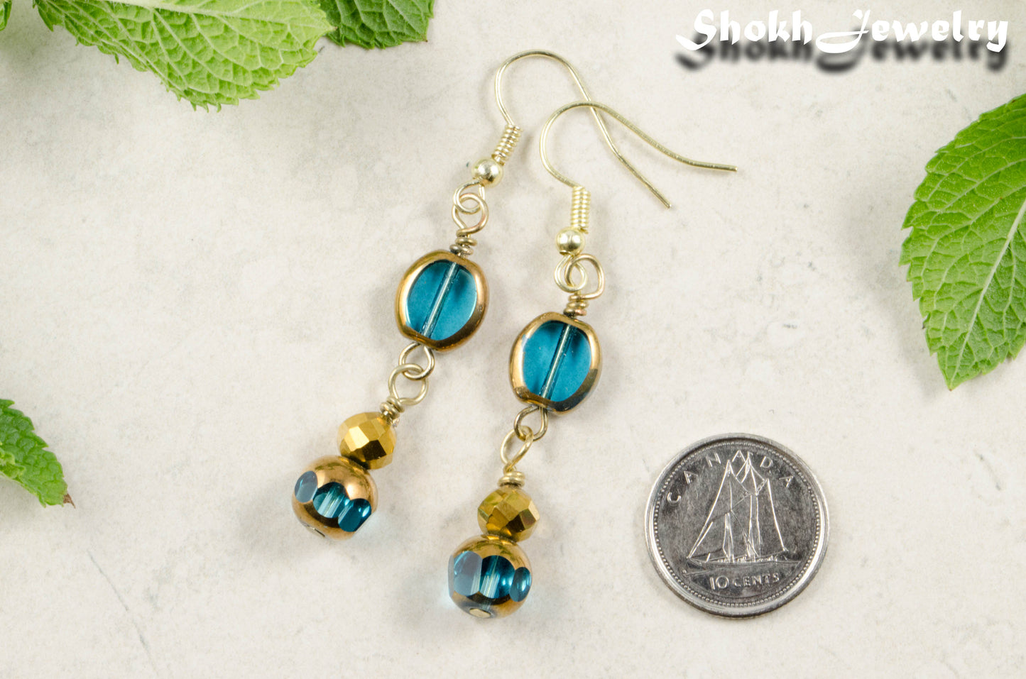 Sparkly Gold and Patina Blue Glass Bead Earrings