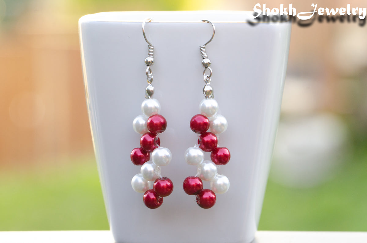 Red and White Glass Pearl Earrings, Christmas gift for women