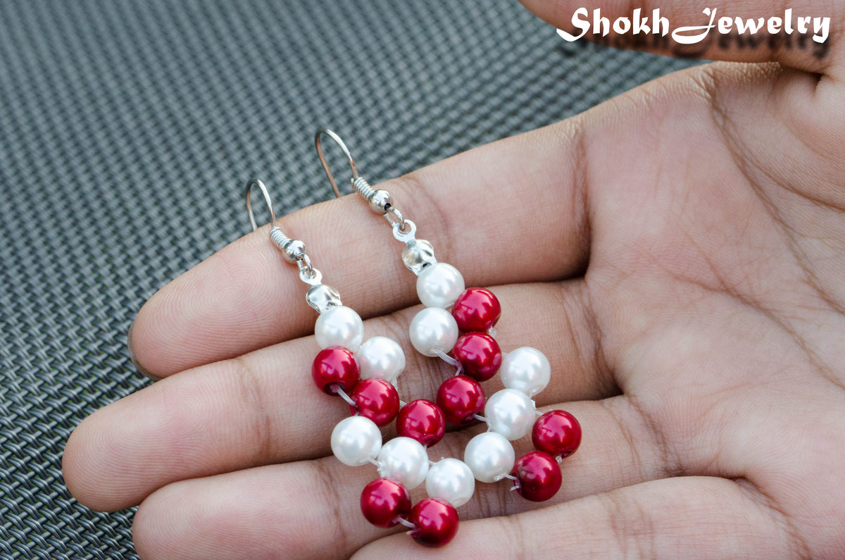 Red and White Glass Pearl Earrings, Christmas gift for women