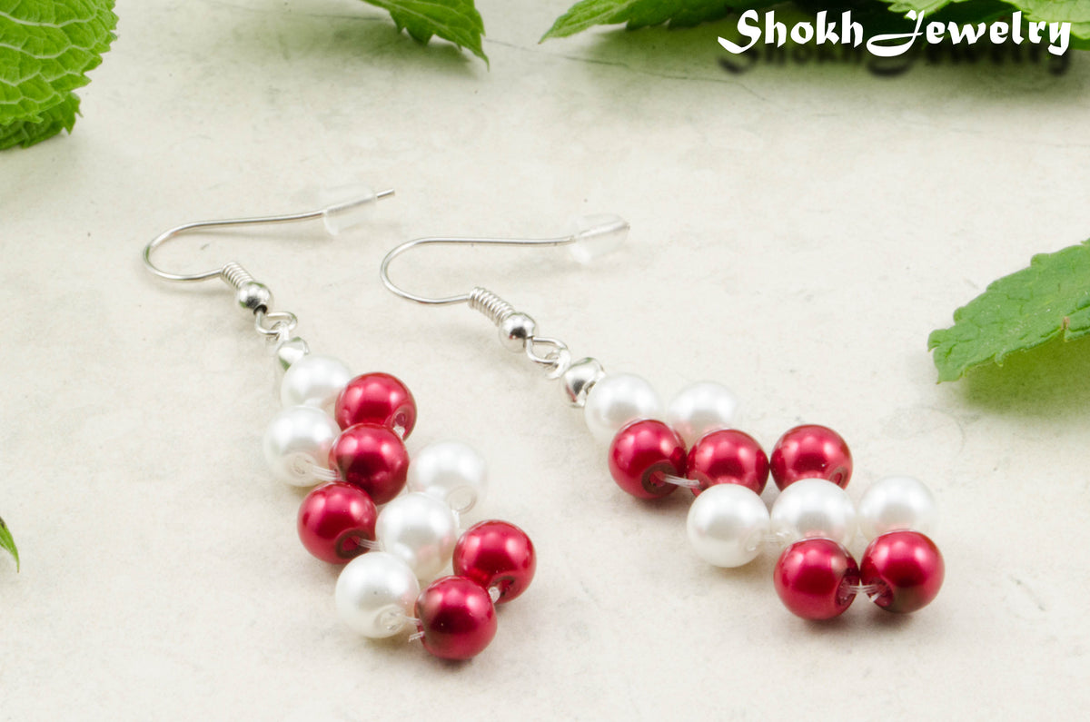 Red and White Glass Pearl Earrings, Christmas gift for women
