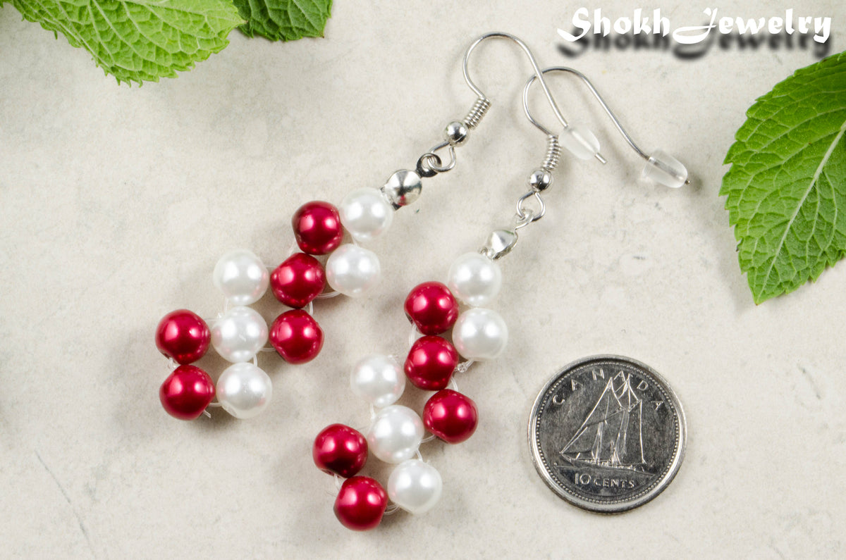 Red and White Glass Pearl Earrings, Christmas gift for women
