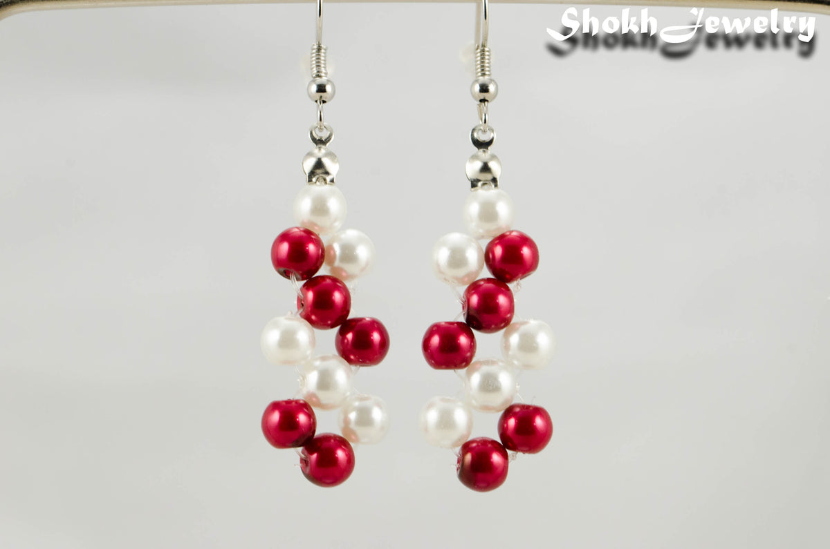 Red and White Glass Pearl Earrings, Christmas gift for women
