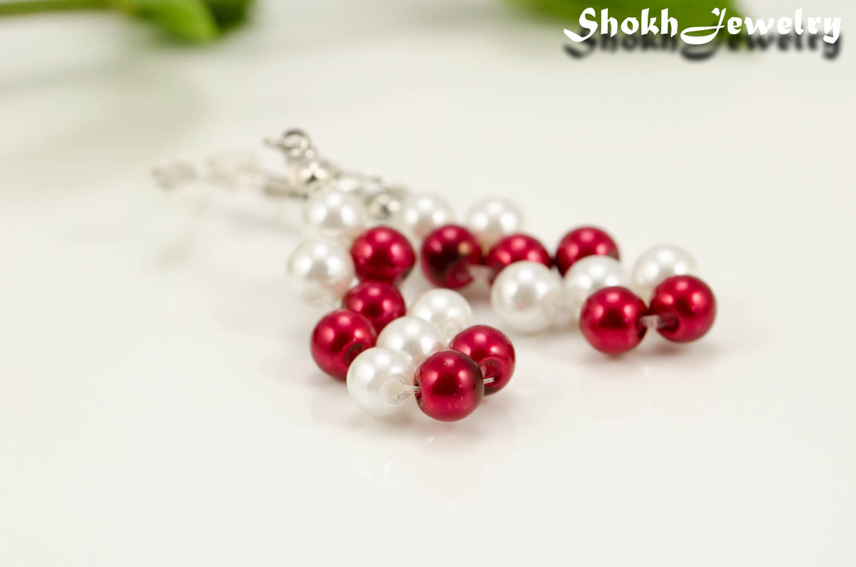 Red and White Glass Pearl Earrings, Christmas gift for women