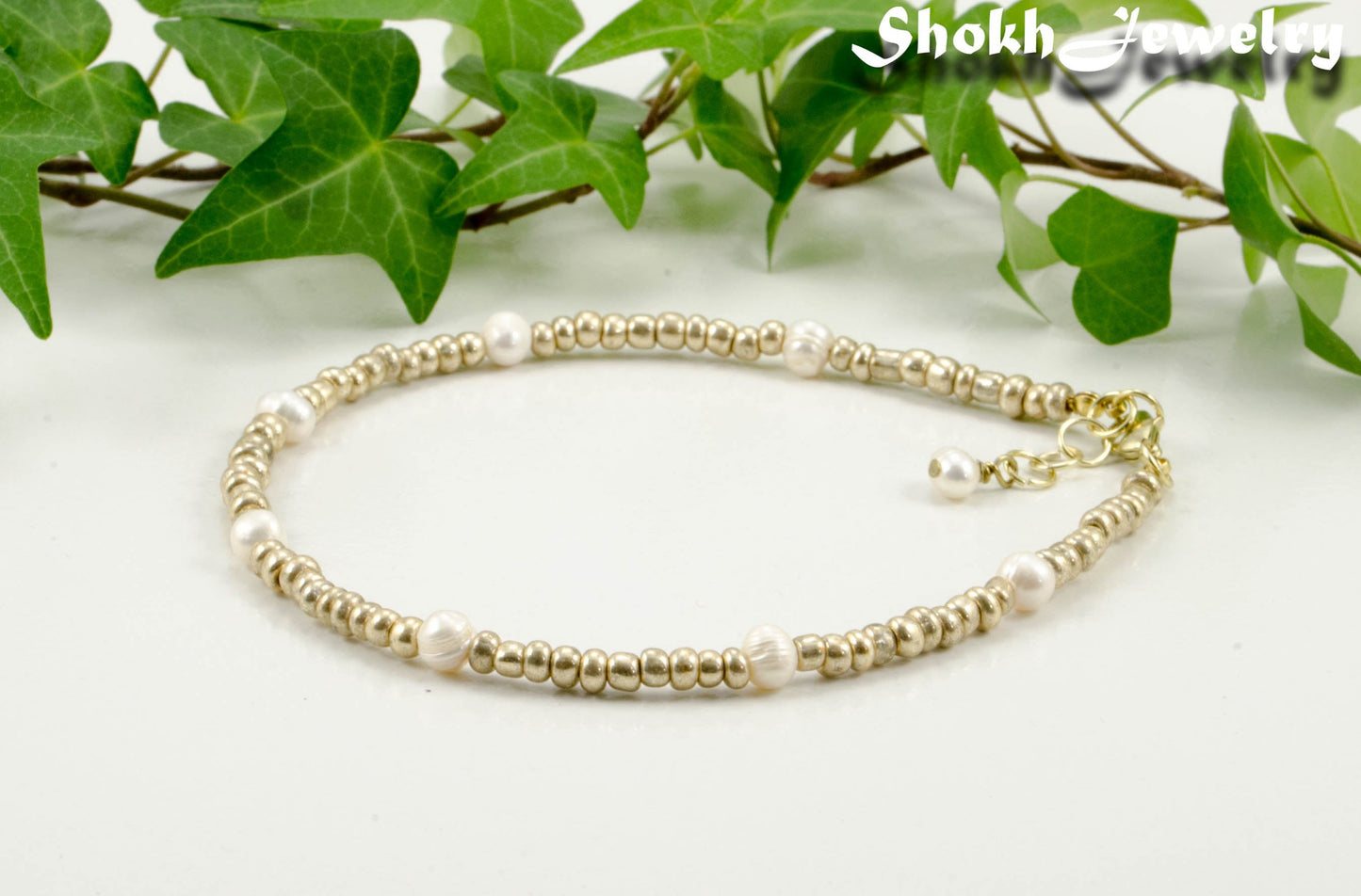 Freshwater Pearl and Gold Seed Bead Anklet