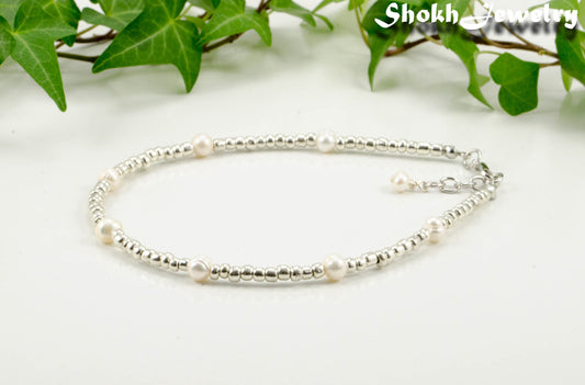 Freshwater Pearl and Silver Seed Bead Anklet.