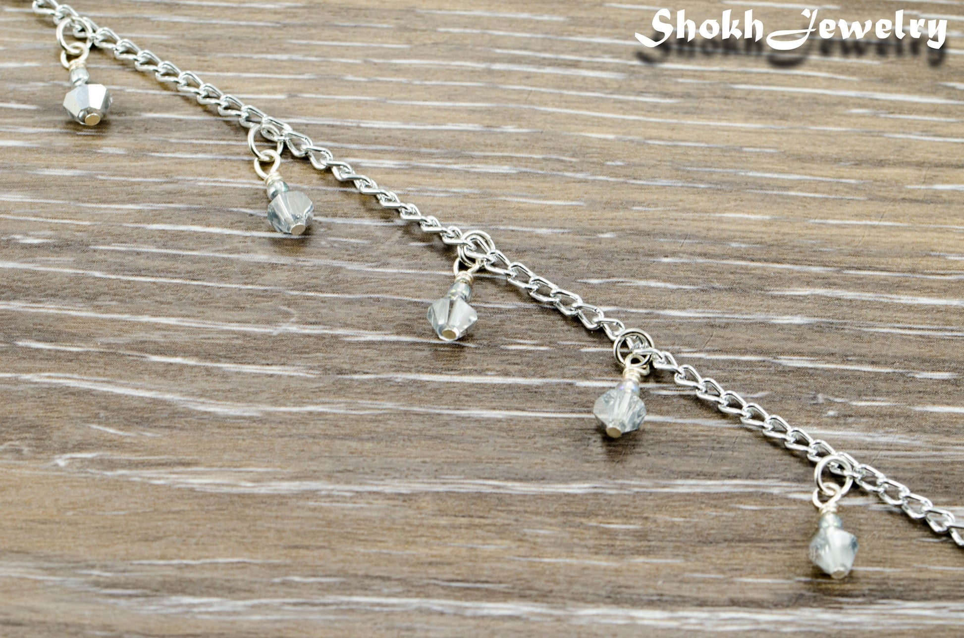 Close up of Sparkly Glass Crystal Dangle and Chain Anklet.