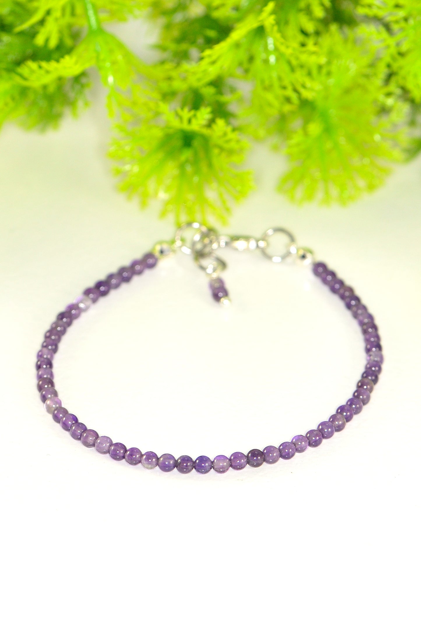 Close up of 3mm Amethyst Bracelet with Clasp.