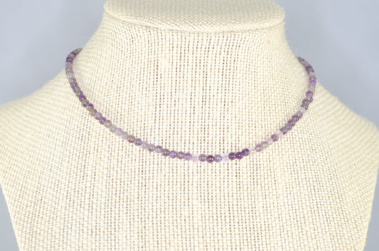 3mm Amethyst Crystal Choker Necklace displayed on a bust.